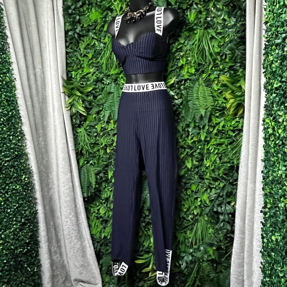 Clara Story Navy stripe LOVE Graphic 2 Piece Set Bustier & Stirrup Pants M 3653